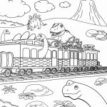 Kolorowanka do wydrukowania z dinozaurami i pociągiem dla dzieci.