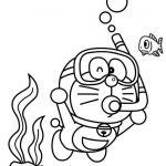 Doraemon z maską do nurkowania i rybka, czarno-biała kolorowanka do druku.