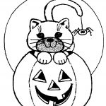 Kolorowanka dynia z kotem i pająkiem na Halloween do wydrukowania.