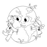 Dzieci kolorujące planetę Ziemię z uśmiechniętymi postaciami i zwierzętami.
