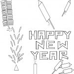 Prosta kolorowanka fajerwerki i napisy Happy New Year do druku dla dzieci.