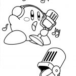 Kirby z słuchawkami i mikrofonem, czarno-biały obraz do kolorowania.