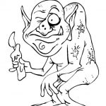 Dziecięca kolorowanka goblin z nożem i złośliwym uśmiechem.