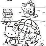 Dzieci na plaży z Hello Kitty, słońcem i parasolem do kolorowania.