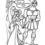 Kolorowanka Hercules i kobieta w stylu mitologicznym do druku.