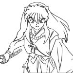 Kolorowanka Inuyasha z mieczem i długimi włosami.