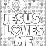 Kolorowanka z napisem Jezus Loves Me i obrazkiem Jezusa w sercu.