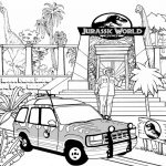 Kolorowanka z dinozaurami i samochodem na wejściu do Jurassic World.