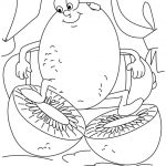 Dziecięca kolorowanka kiwi z uśmiechniętą twarzą i dwoma połówkami kiwi.