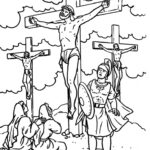 Kolorowanka krzyża z postaciami religijnymi do wydrukowania.