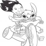 Lilo i Stich na motocyklu, kolorowanka do druku dla dzieci.