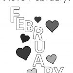 Kolorowanka z napisem 'I love February' i serduszkami dla dzieci.