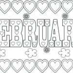 Kolorowanki z napisem 'February' i serduszkami do druku dla dzieci.