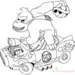 Kolorowanka Mario Kart z postacią Donkey Konga na samochodzie.