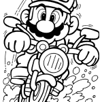 Mario na motocyklu do kolorowania, postać z gry w stylu kreskówkowym.
