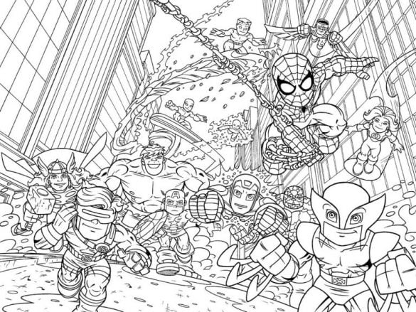 Superbohaterowie Marvela - kolorowanka drużynowa Drużynowa kolorowanka Marvel z superbohaterami w akcji