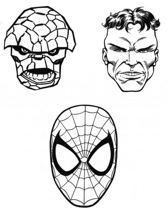 Maski bohaterów Marvela - kolorowanka do druku Maski Spider-Mana, Hulka i Fantastycznej Czwórki - kolorowanka