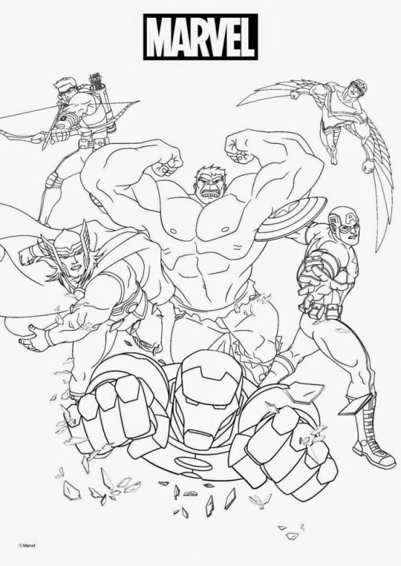 Drużyna Marvela z Hulkiem - kolorowanka do druku Hulk, Thor, Iron Man i Kapitan Ameryka - kolorowanka drużynowa