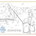 Kolorowanka z Mary Poppins i dziećmi na łodzi w parku.