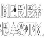 Kolorowanka z napisem Merry Christmas i świątecznymi ozdobami do druku.
