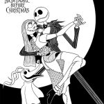 Czarna i biała kolorowanka z postaciami z filmu The Nightmare Before Christmas.