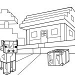 Kolorowanka Minecraft z domem, drzewem i zwierzęciem dla dzieci.