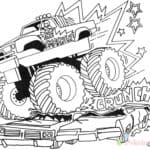 Kolorowanka monster trucka z dużymi kołami i efektami akcji.