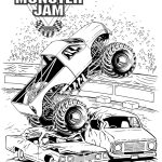Kolorowanka Monster Jam z monster truckami do wydrukowania.
