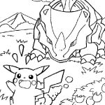 Kolorowanka Pikachu i dinozaur do druku dla dzieci.