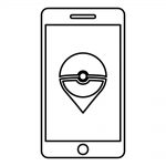 Prosta czarno-biała ilustracja telefonu z Pokéball na ekranie.