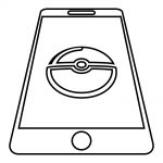 Szkic telefonu z Pokeballem na ekranie do kolorowania.