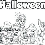 Dzieci i psy w kostiumach Halloween do kolorowania.