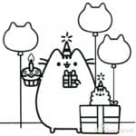 Czarno-biała kolorowanka Pusheen z balonami i prezentami do druku.