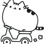 Pusheen na rowerze, czarno-biała kolorowanka dla dzieci.
