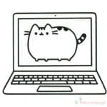 Prosta czarno-biała kolorowanka kota na ekranie laptopa.