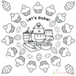 Pusheen gotuje i piecze muffinki, zachęcając do kolorowania.