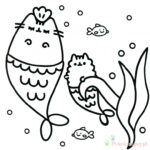 Kolorowanka Pusheen i rybki do wydrukowania dla dzieci.