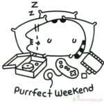 Pusheen śpiący z zabawkami i przekąskami do kolorowania.