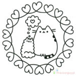 Kolorowanka Pusheen i kotek w sercach do druku.