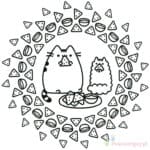 Czarno-biała kolorowanka Pusheen z przekąskami do druku.