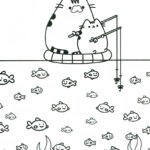 Pusheen i kotek z wędką na kolorowance do druku.