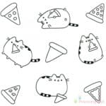 Pusheen i kawałki pizzy do kolorowania, czarno-białe ilustracje.
