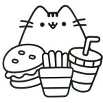 Czarno-biała kolorowanka Pusheen z burgerem, frytkami i napojem.