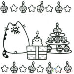 Pusheen z tortem i prezentami, do kolorowania dla dzieci.