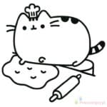 Pusheen kot w czapce kucharskiej z wałkiem i ciastem do kolorowania.