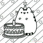 Pusheen z tortem i czapeczką na głowie, do kolorowania dla dzieci.