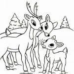 Rudolf i dwa młode renifery w zimowym lesie do kolorowania.