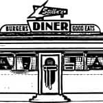 Czarna i biała ilustracja restauracji z napisem Diner i burgerami.