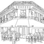 Kolorowanka restauracji Les Deux Magots z ludźmi i stolikami.