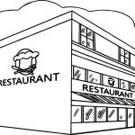 Prosta kolorowanka restauracji z napisem RESTAURANT i oknami.